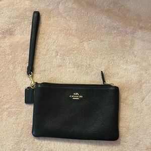 Coach Black Leather Wristlet with Gold Accents